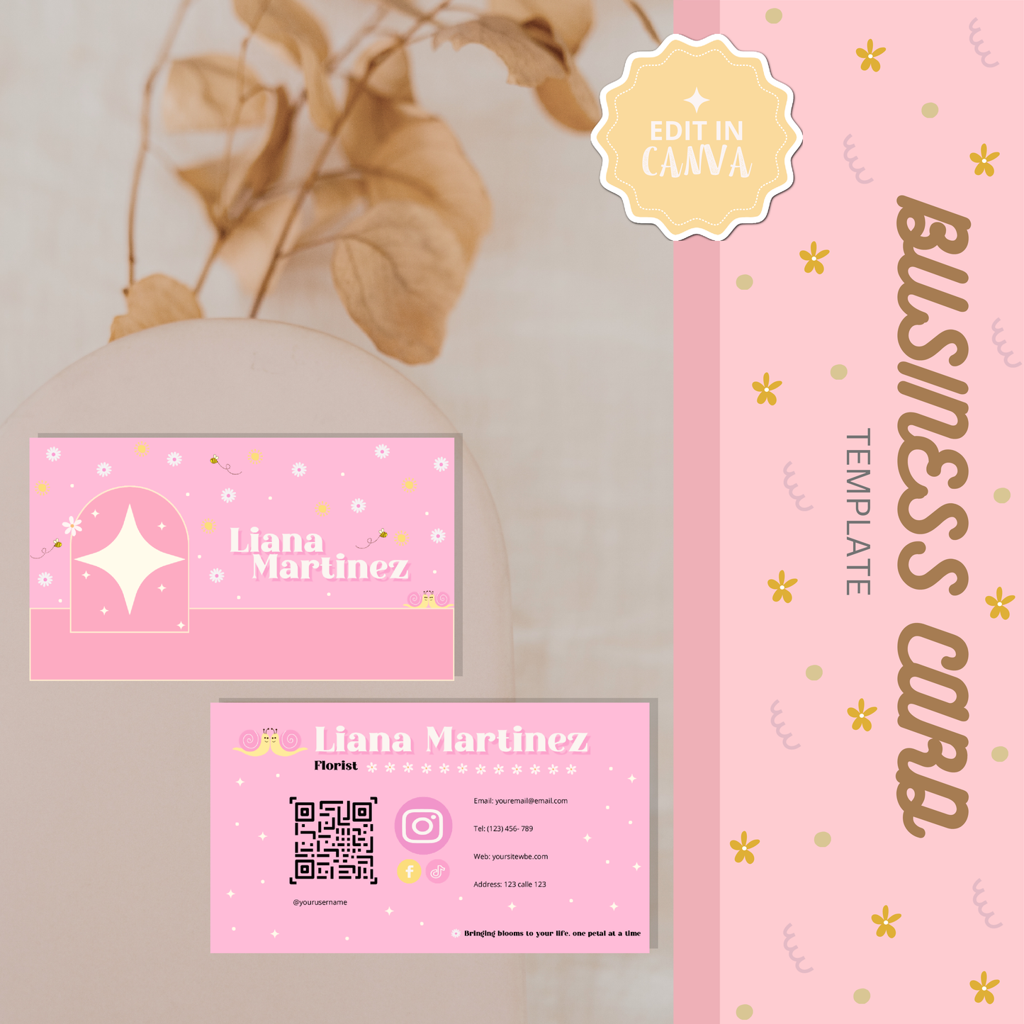 Business Card Florist Pink and Flowers
