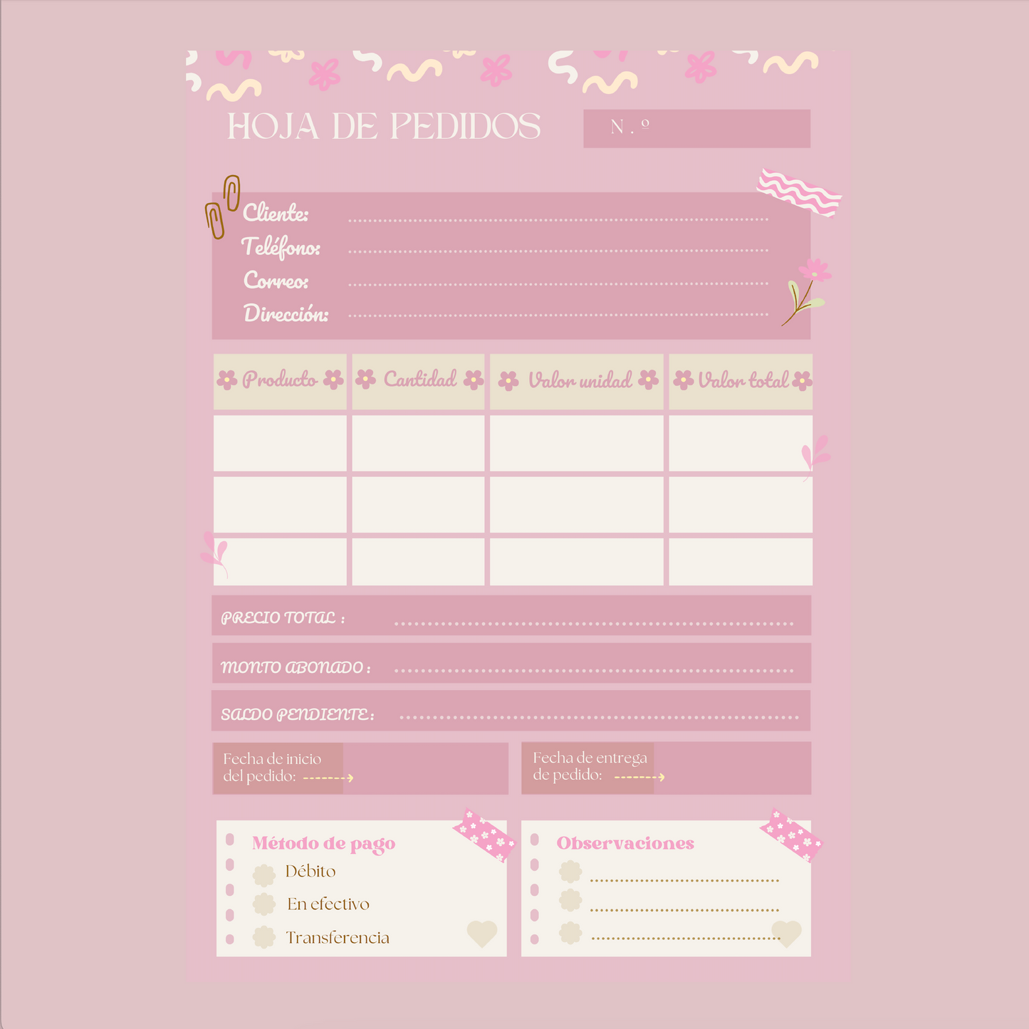 Order Sheet Pink and Beige